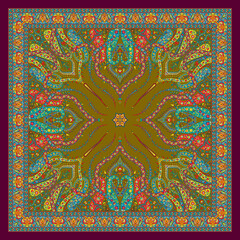 Vintage Bohemian Bandana Design – Olive Green and Maroon Ornamental Floral Scarf, Traditional Square Textile for Shawl, Hijab, Dupatta – Ethnic Seamless Digital Print