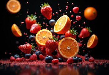 vivid colorful fruits floating mid air dark background dramatic visuals bright patterns citrus berries exotic culinary art, lemon, orange, apple, peach