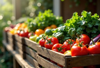vivid colorful vegetables rustic arrangement wooden crates fresh produce healthy lifestyle organic garden showcase, basket, harvest, agriculture, seasonal