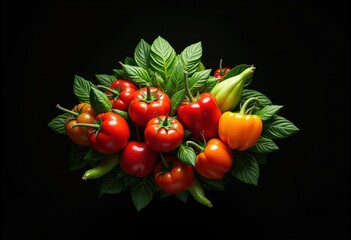 vivid floating vegetables black background colorful organic fresh produce artistic display, tomato, pepper, broccoli, onion, potato, spinach, beet, radish