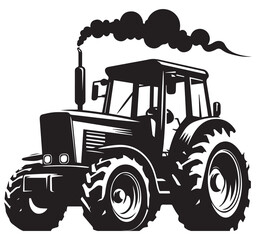 Farm tractor black and white illustration silhouette, agriculture machinery icon, rural vehicle with smoke, farming symbol.