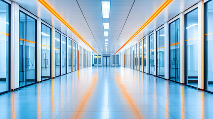 Empty Modern Office Corridor With Glass Walls And Orange Lighting