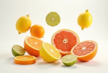vivid fruit floating white space colorful still life tropical citrus vibrant nature freshness, apple, banana, grapes, kiwi, orange, peach, berry, melon