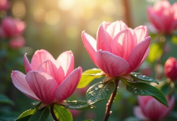 Fototapeta premium vibrant pink blossoms lush green foliage nature floral beauty blooming growth, flower, petal, spring, leaf, botanical, plant, garden, colorful, thicket