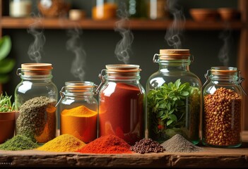vivid glass jars filled aromatic spices vibrant herbs culinary kitchen decor colorful display, seasoning, taste, flavor, ingredient, container, design