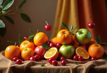 vivid fruits floating textured backdrop colorful still life vibrant composition fresh produce natural beauty, nature, grape, apple, orange, kiwi, berry, banana