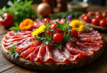 vivid meat platter gourmet presentation colorful herbs spices culinary art delicious meat selection charcuterie tasting board, appetizer, food, ingredients