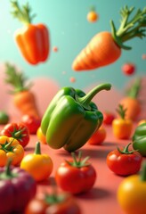vivid vegetables floating mid air colorful fresh produce whimsical suspended display artistic arrangement, nature, carrot, pumpkin, tomato, pepper, broccoli