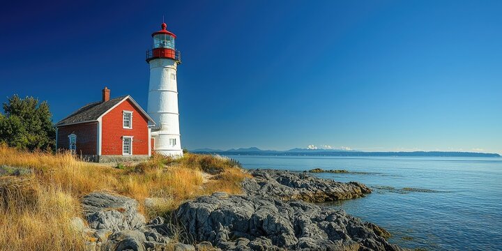 White lighthouse stands on rocky island surrounded by calm blue ocean under clear sky with light clouds. Generative by AI.