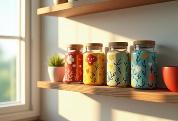 whimsical spice jars colorful unique design minimalist kitchen decor open shelf arrangement, container, herb, storage, aesthetics, home, accessory, essentials