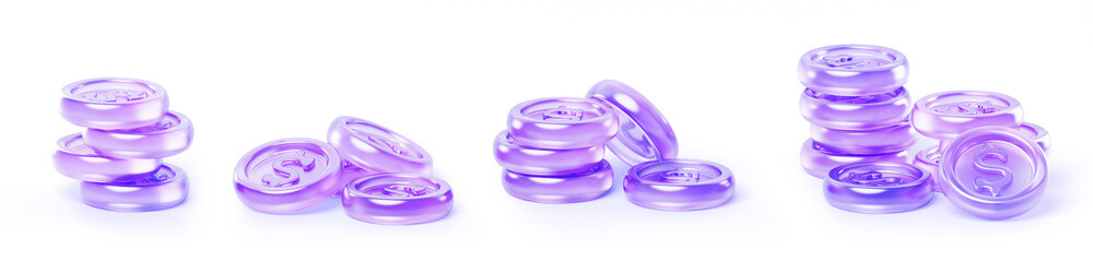 Glass holographic coin stack of different size. Crystal cash money pile 3d render set. Purple gradient currency with dollar sign. Financial wealth, profit, deposit. Game treasure icon. 3D illustration