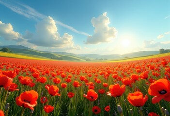 Fototapeta premium vibrant poppy field floral landscape bright colors blue sky scenic nature beauty, flowers, petal, blossom, meadow, spring, bloom, garden, colorful
