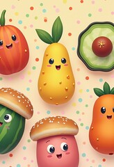 whimsical food illustrations colorful backgrounds playful design art creative portfolio inspiration, fruit, vegetable, snack, treats, cooking, cheerful, bright