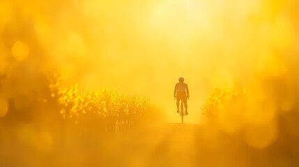 Silhouette of a cyclist riding a bicycle on a sunny path. Concept of freedom, adventure, journey, and healthy lifestyle.