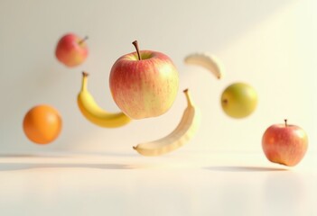 whimsically floating fruits above pristine white surface capturing moments magic joy minimalist scene, banana, orange, grape, kiwi, peach, plum