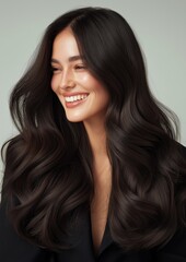 Naklejka premium Long, flowing dark hair with a radiant smile showcases beauty and confidence in a studio setting