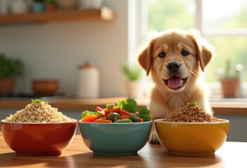 wholesome healthy dog food ingredients freshly served colorful bowls natural nutrition happy pets, vegetable, grain, meat, protein, fish, potato, rice, carrot
