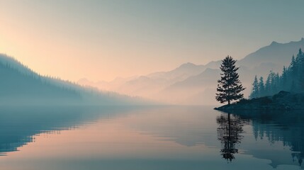 Minimalist mountain lake dawn reflection with mist and pine silhouette, muted blue-beige palette for wall art and wellness branding.
