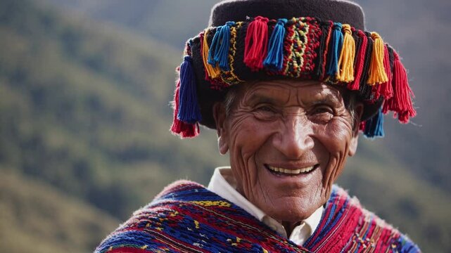 Weathered Quechua elder wearing vibrant traditional attire, radiating warm smile against majestic Andean mountain backdrop, embodying cultural heritage and profound wisdom