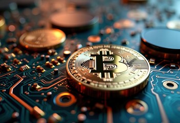 close detail shiny coins circuit board background technology macro imagery financial innovation hardware electronic component, money, currency, circuitry
