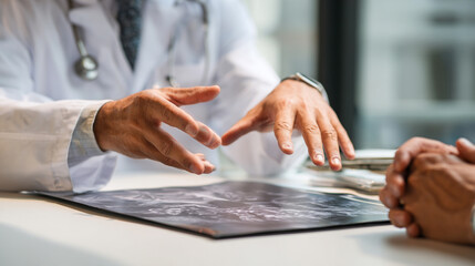 Doctor and Patient Medical Consultation: Trustworthy Healthcare Examination with X-Ray Analysis in Clinic Office