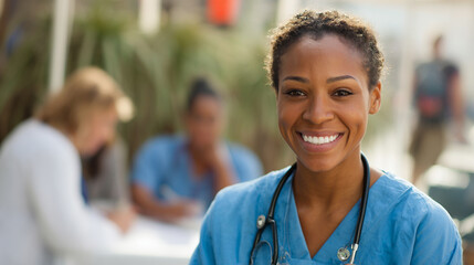 Smiling Healthcare Professionals in Blue Scrubs with Stethoscopes Promoting Positive Community Health Care