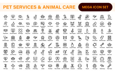 Pet Services and Animal Care Icon Set – Minimal Line Vector Illustrations for Pet Sitting, Grooming, Veterinary, Training, and Animal Health Projects