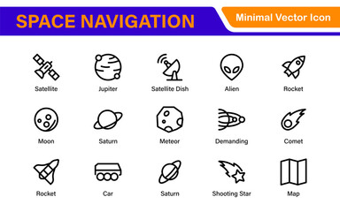 Space Navigation and Trajectories Icon Set – Minimal Line Art Vector Illustrations for Astronaut, Satellite, Rocket, Trajectory, and Space Mission Designs
