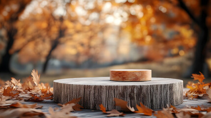 Wooden stump platform with autumn leaves in a park setting.