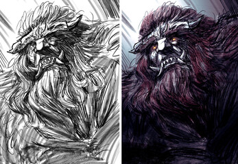 A portrait with the face of a sinister demon, he has horns and fangs, lumpy wrinkles, a beard and an aggressive look with a snarl. Pencil drawing. 2d art illustration