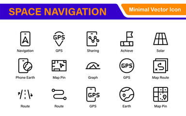 Space Navigation and Trajectories Icon Set – Minimal Line Art Vector Illustrations for Astronaut, Satellite, Rocket, Trajectory, and Space Mission Designs