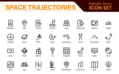 Space Navigation and Trajectories Icon Set – Minimal Line Art Vector Illustrations for Astronaut, Satellite, Rocket, Trajectory, and Space Mission Designs
