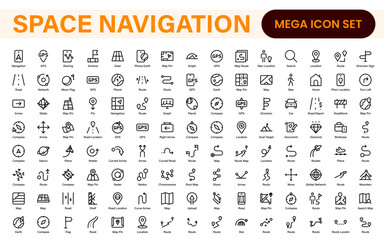 Space Navigation and Trajectories Icon Set – Minimal Line Art Vector Illustrations for Astronaut, Satellite, Rocket, Trajectory, and Space Mission Designs