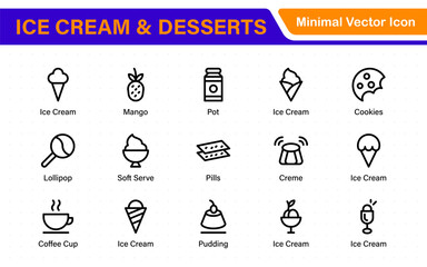 Delicious Ice Cream and Desserts Icons. A Sweet Collection for Menu Design, Recipe Apps, Bakery Projects, and Dessert Shops with Creative, Mouth-Watering Visuals