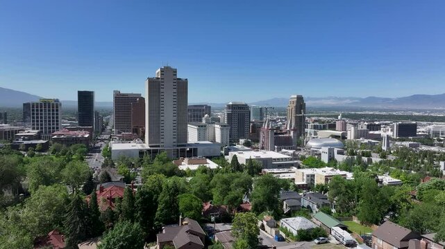 Aerial Salt Lake City Utah LDS Temple buildings 1. City center downtown business and religious headquarters. The Church of Jesus Christ of Latter-day Saints temple square. Capitol city urban.
