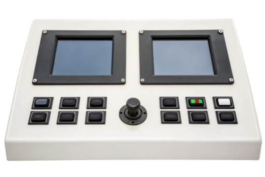 Control panel featuring dual screens and user-friendly buttons isolated with transparent background - Powered by Adobe