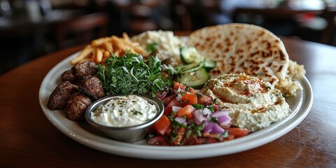Plate with baba ghanoush, diced tomatoes, fresh parsley, naan bread, and cucumber yogurt dip served on a white dish. Generative by AI.