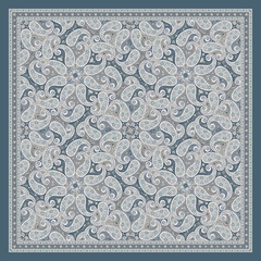 Elegant Bluish Grey Bandana Scarf Design &ndash; Subtle Floral Seamless Pattern, Traditional Ethnic Textile for Hijab, Dupatta, Shawl &ndash; Minimal Vintage Square Print