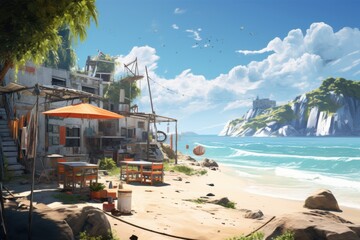 Naklejka premium Coastal village with beachside tables and vibrant landscape near clear water