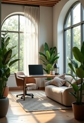 modern office setup decorated lush green plants sleek laptop ergonomic workspace tranquil design contemporary aesthetic, furniture, technology, indoor