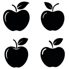 Black and White Apple Fruit Icons with Stem and Leaf in Square Grid Format