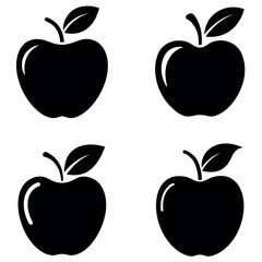 Four Black Apple Icons Simple Apple Silhouettes with Leaf and Stem Illustration