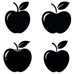 Four Black Apple Fruit Silhouette Vectors with Stem and Leaves Design Set