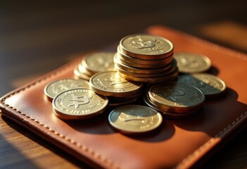 neatly stacked coins smooth leather wallet showcasing currency financial themes, money, finance, investment, transaction, payment, collection, savings