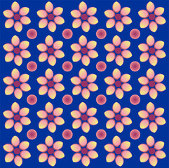 A vibrant floral tile pattern with glowing pink-yellow petals and magenta centers on a deep blue background, evoking luminous harmony.
