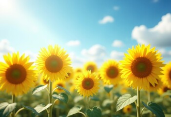 Fototapeta premium vibrant sunflower field under clear blue sky radiating joy warmth beauty bright blooms golden petals, nature, garden, landscape, spring, summer, growth