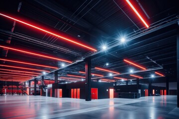 Modern indoor venue with striking red lighting and spacious design for events