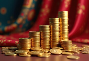 stacks coins colorful fabric textures backgrounds visual wealth finance, textile, curtain, material, design, pattern, metallic, luxury, collectible, canvas