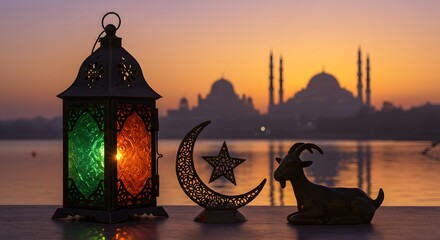 Eid al-Adha Festive Sunset Silhouette with Lantern, Crescent Moon, Star, and Goat