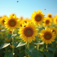 Fototapeta premium vibrant sunflowers cultivated textured crop field clear blue sky, textures, plant, blossom, yellow, nature, harvest, vibrancy, agriculture, growth